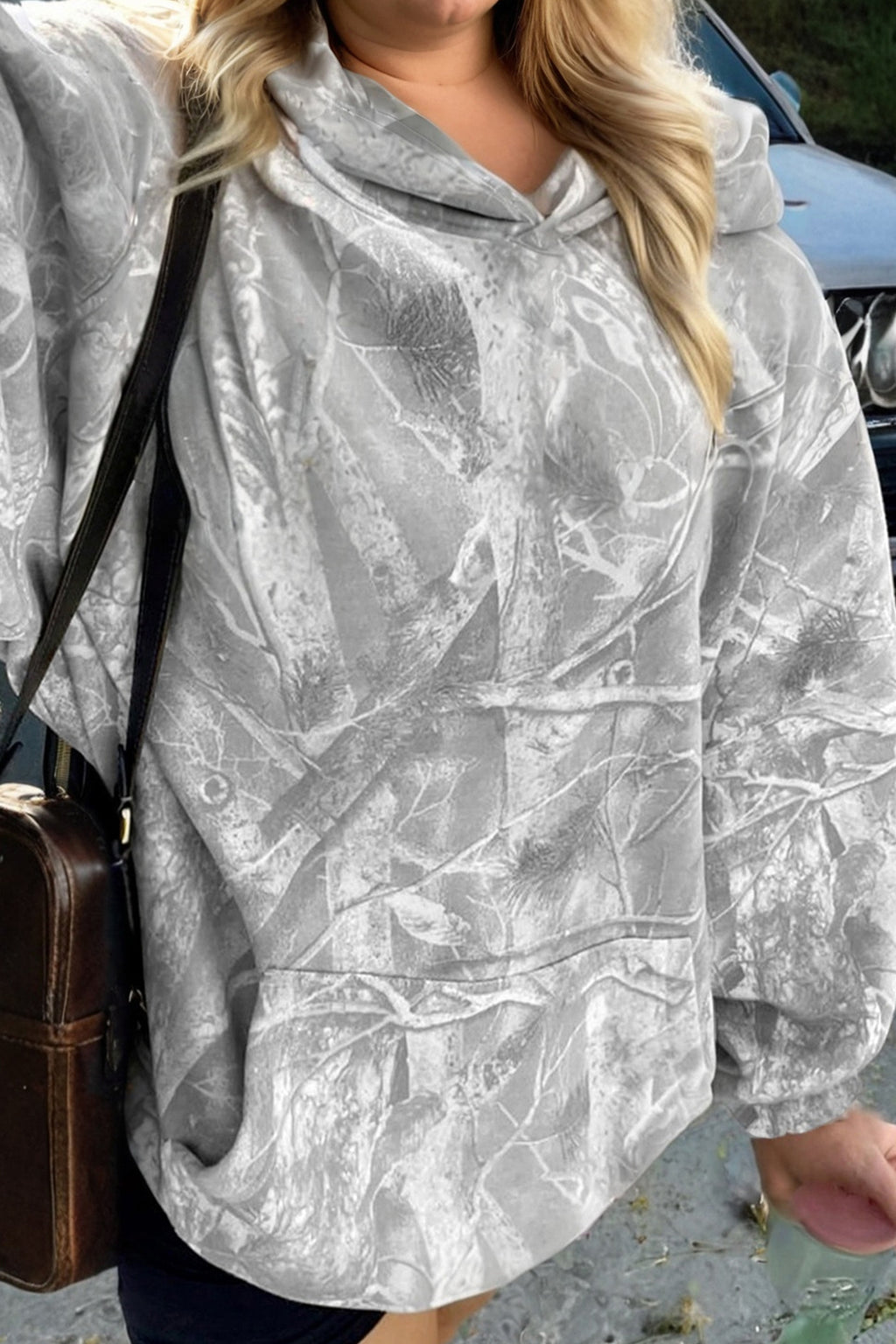 Gray Plus Size Camouflage Woodland Print Oversized Sporty Hoodie