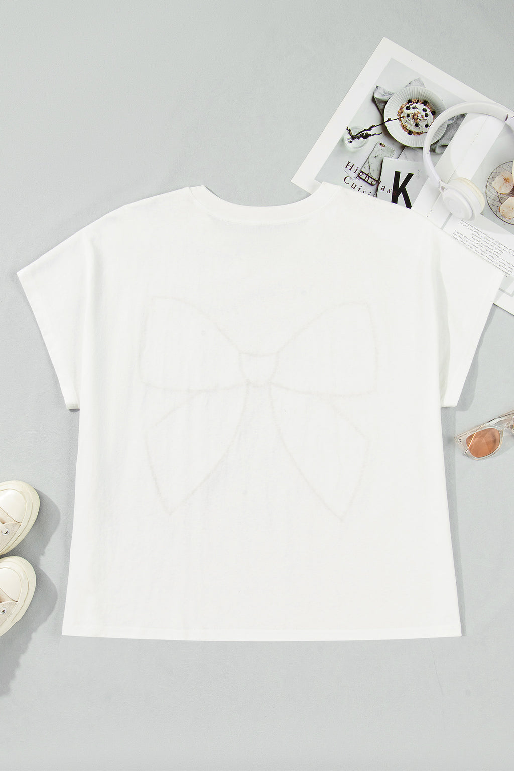 White Plus Size Leopard Bow Embroidered Patch Casual T Shirt