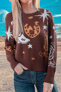Brown Cowgirl Fashion Print Casual Sweater