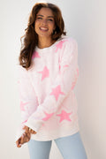 Sachet Pink Oversized Cute Star Pattern Ribbed Edge Drop Shoulder Sweater