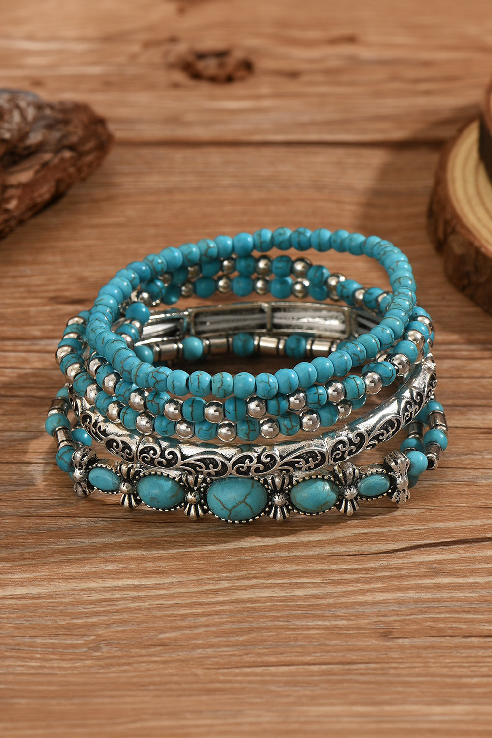 Silver Vintage Turquoise Beaded Bracelet Set