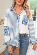 Sky Blue Leopard Striped Patchwork Button-up Shirt Shacket