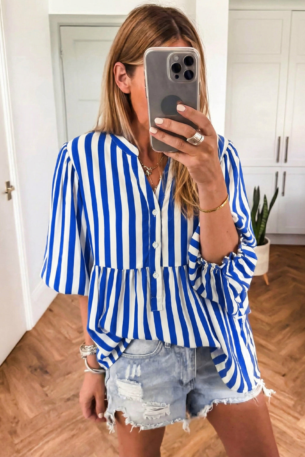Sky Blue Stripe Balloon Sleeve Loose Button up Shirt