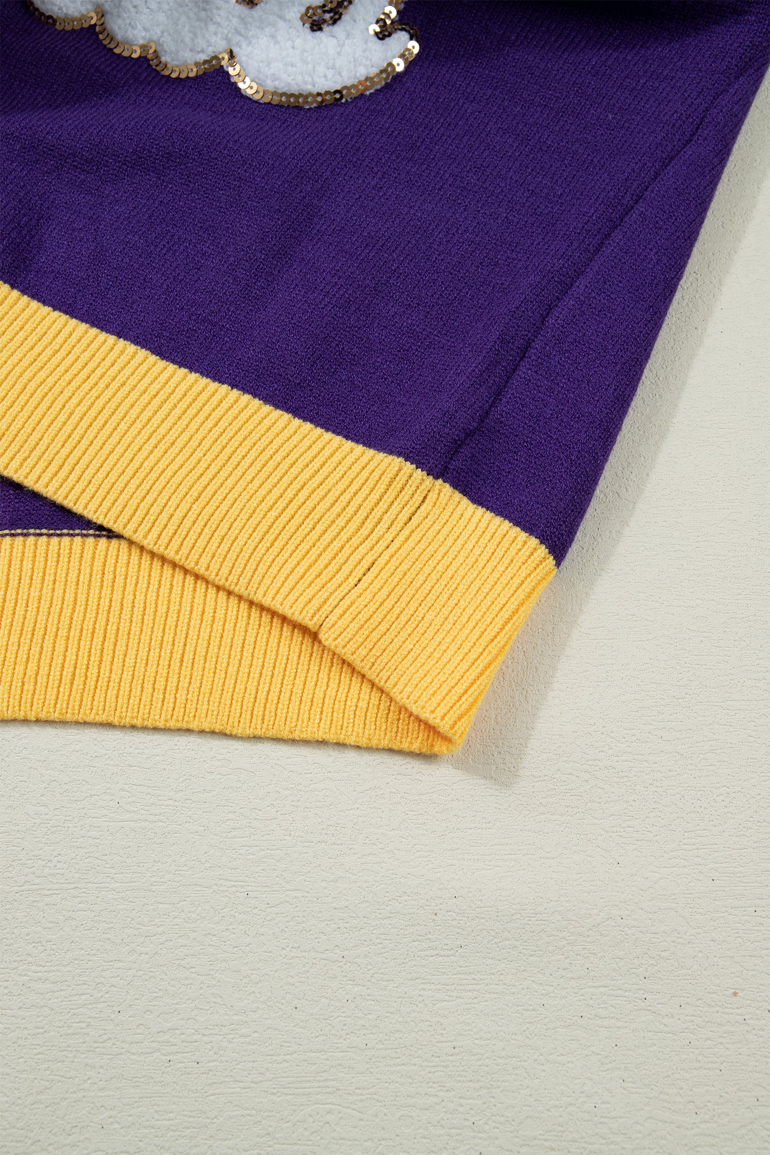 Tillandsia Purple Colorblock Patchwork Fuzzy Mardi Gras Graphic Sweater