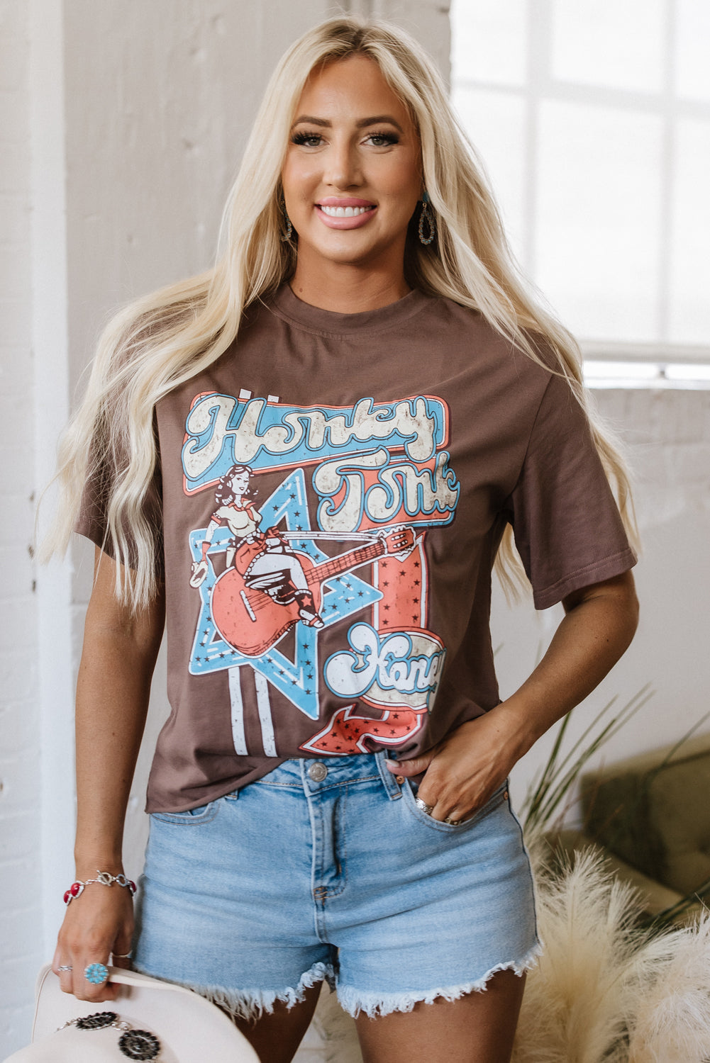 Chicory Coffee Honky Tonk Honey Graphic Crew Neck Western Fashion Tee