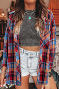 Red Plaid Print Drop Sleeve Loose Shirt Shacket