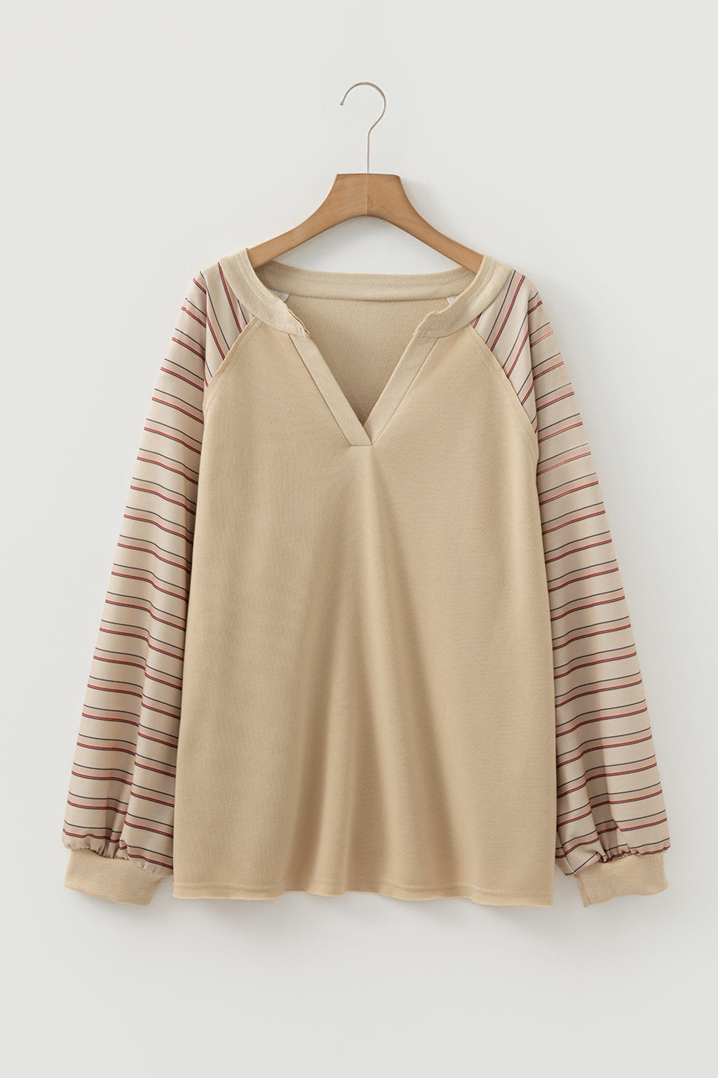Parchment Striped Raglan Sleeve Notched Neck Raw Edge Plus Size Jumper