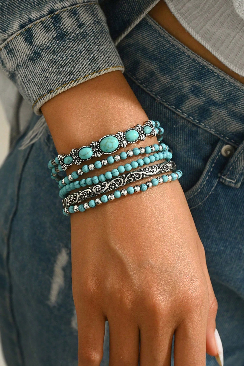 Silver Vintage Turquoise Beaded Bracelet Set