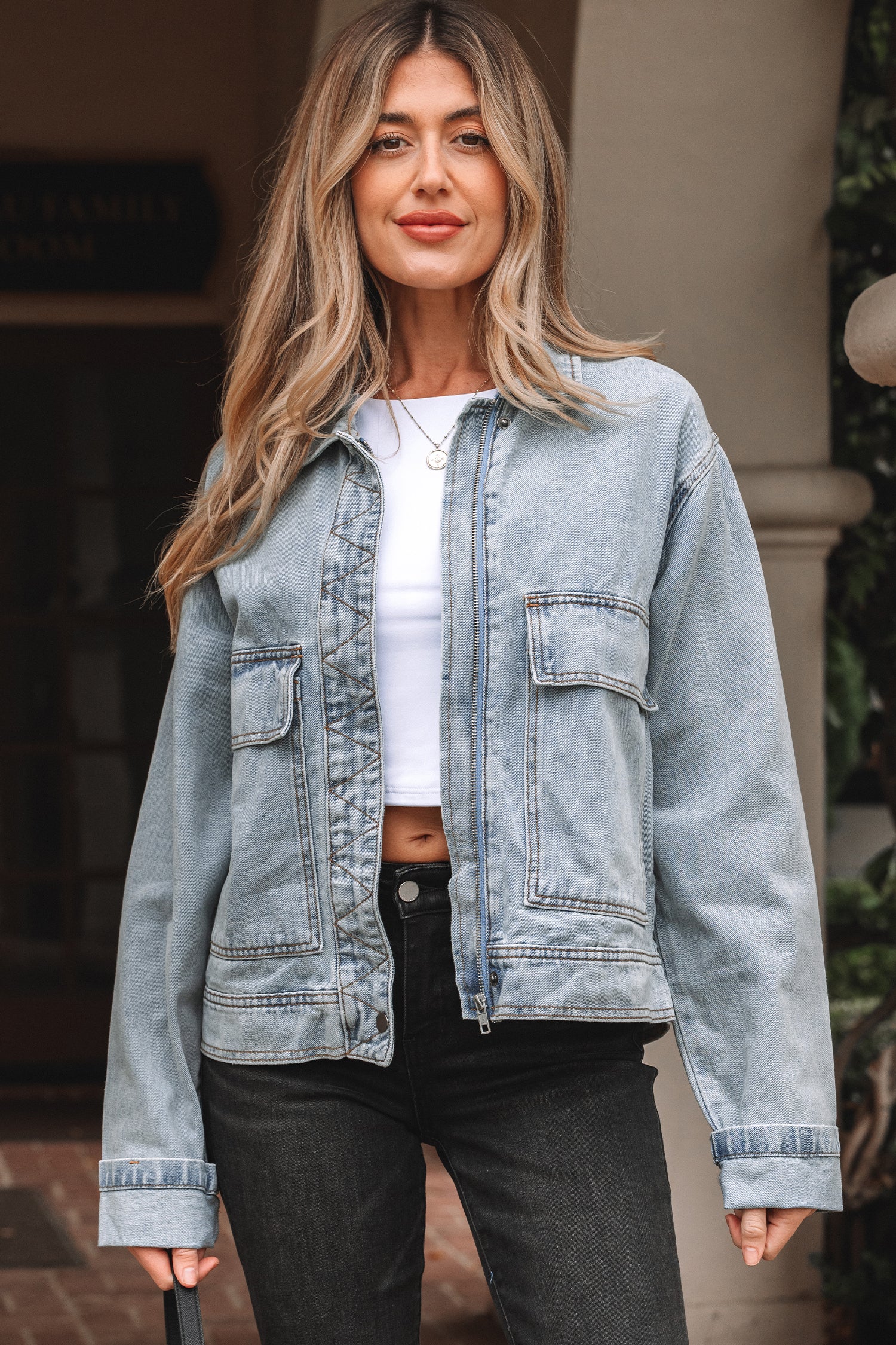 Beau Blue Street Style Zip Up Washed Denim Jacket