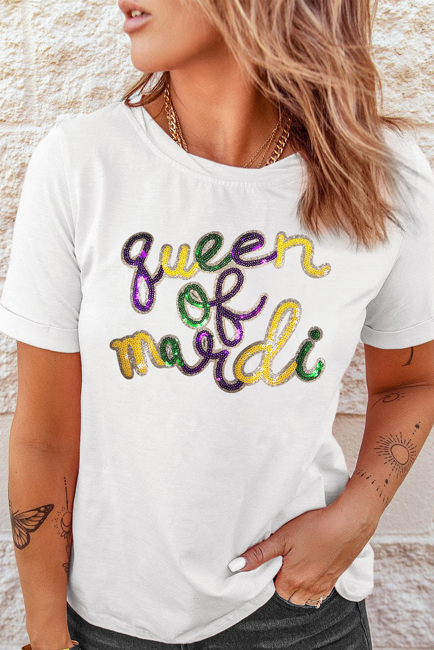 White queen of mardi Sequin Letter Graphic T Shirt