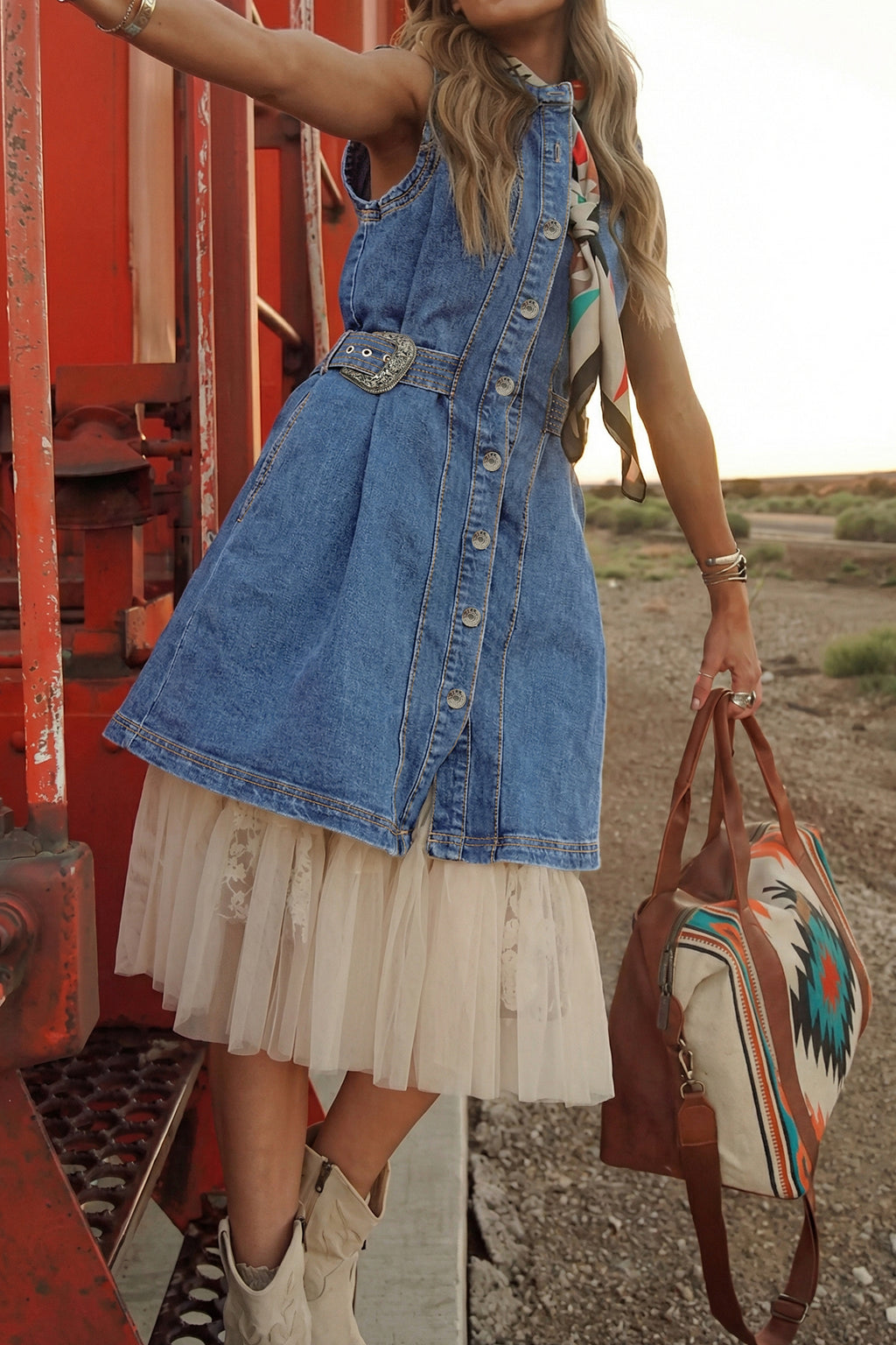 Myosotis Western Belt Button Down Sleeveless Denim Short Dress
