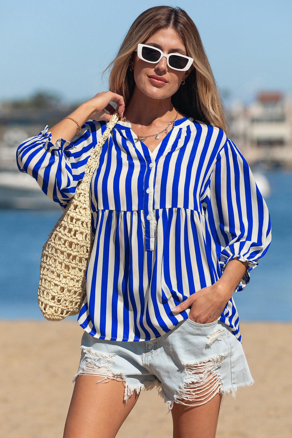 Sky Blue Stripe Balloon Sleeve Loose Button up Shirt