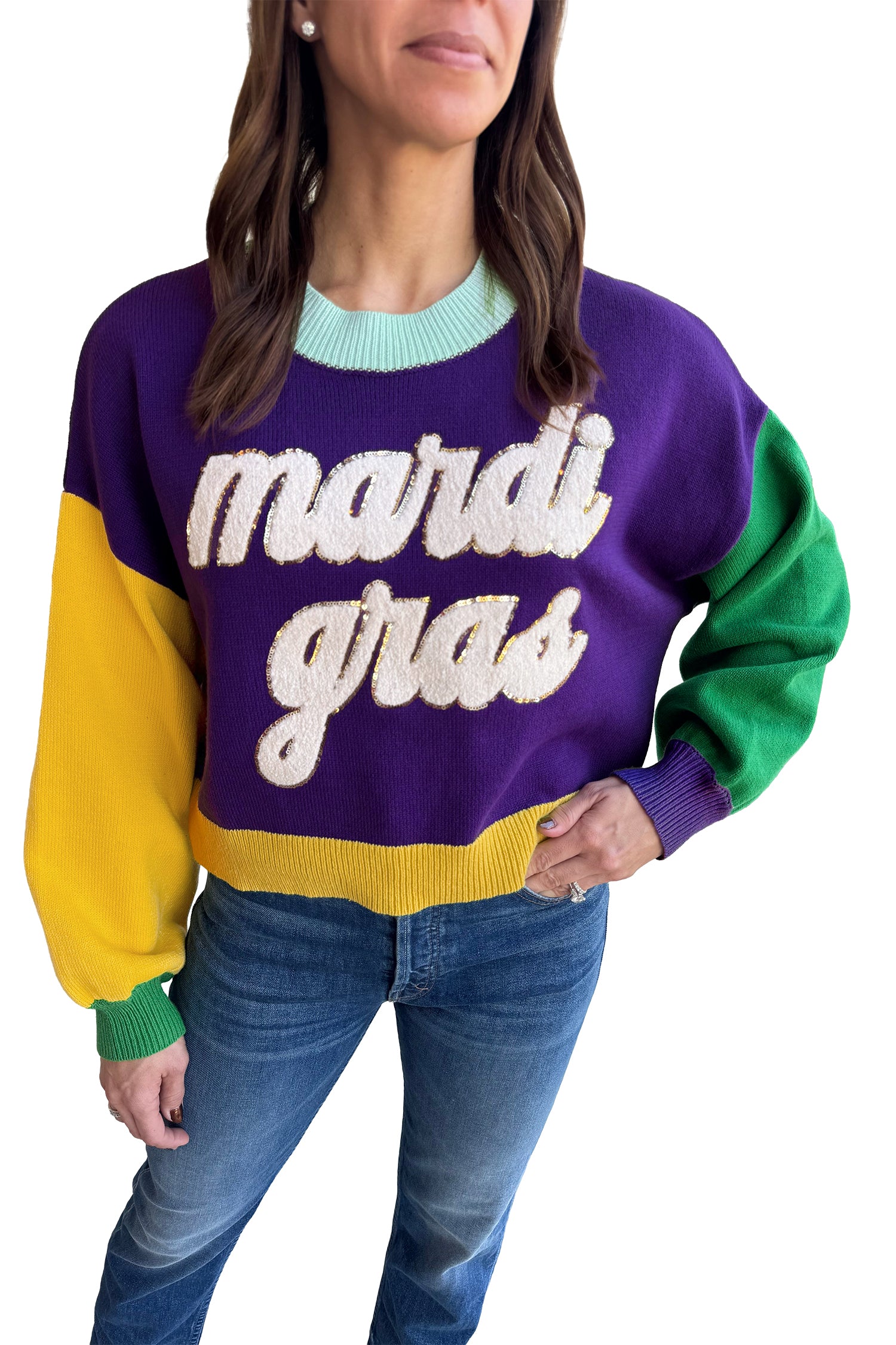 Tillandsia Purple Colorblock Patchwork Fuzzy Mardi Gras Graphic Sweater