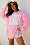 Pink Bow Sequin XOXO Letter Graphic Exposed Seam Baggy Sweatshirt