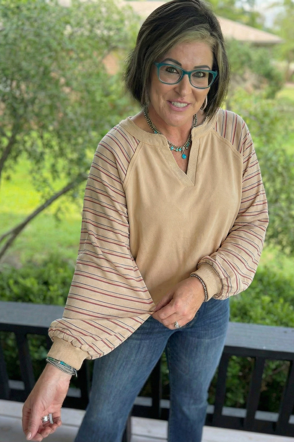 Parchment Striped Raglan Sleeve Notched Neck Raw Edge Plus Size Jumper