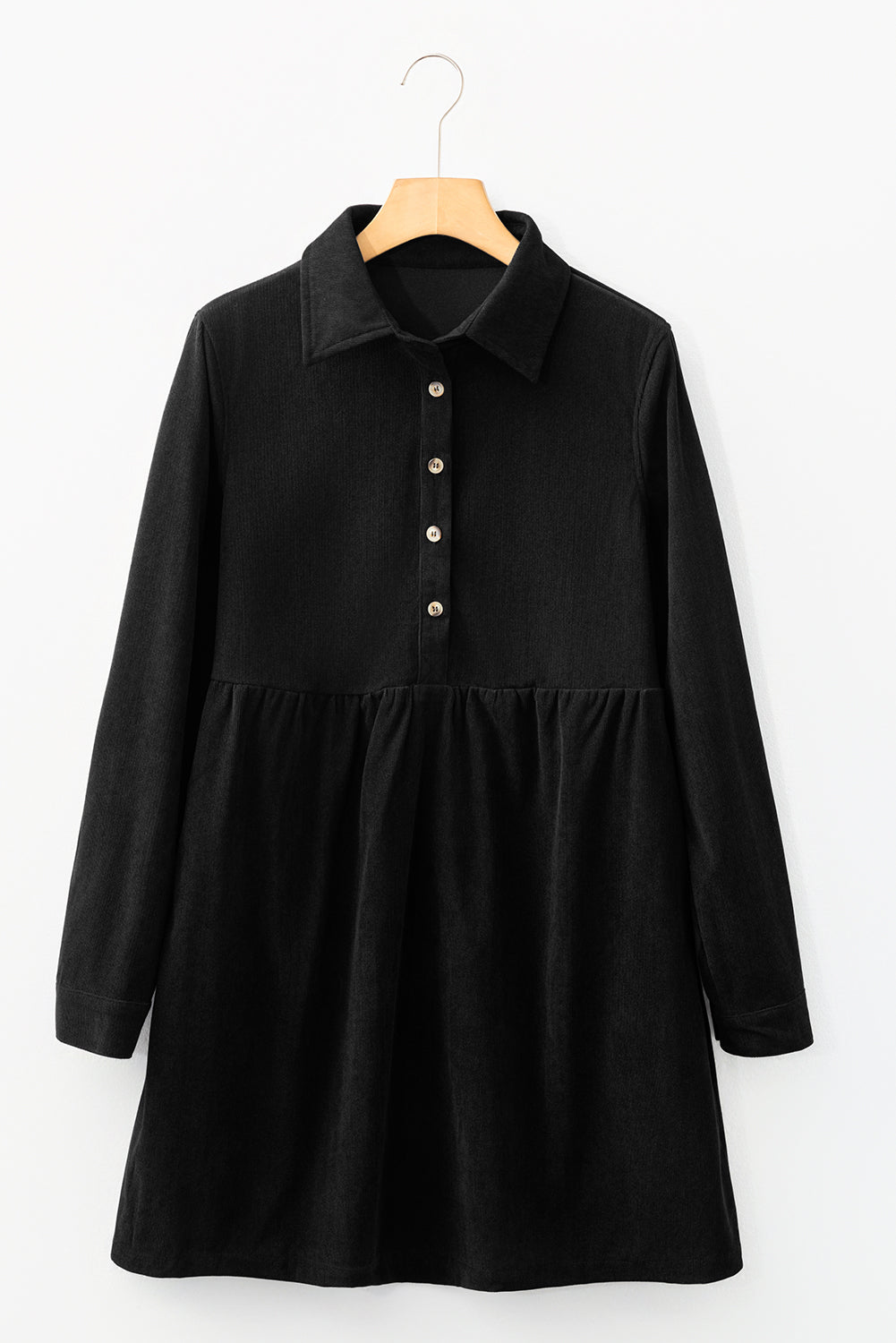 Black Corduroy Half Button Collared Long Sleeve Mini Dress