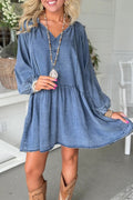Myosotis Puff Sleeve V Neck Ruffled Loose Denim Mini Dress