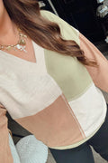 Green Plus Mixed Texture Color Block Patchwork V Neck Long Sleeve Top