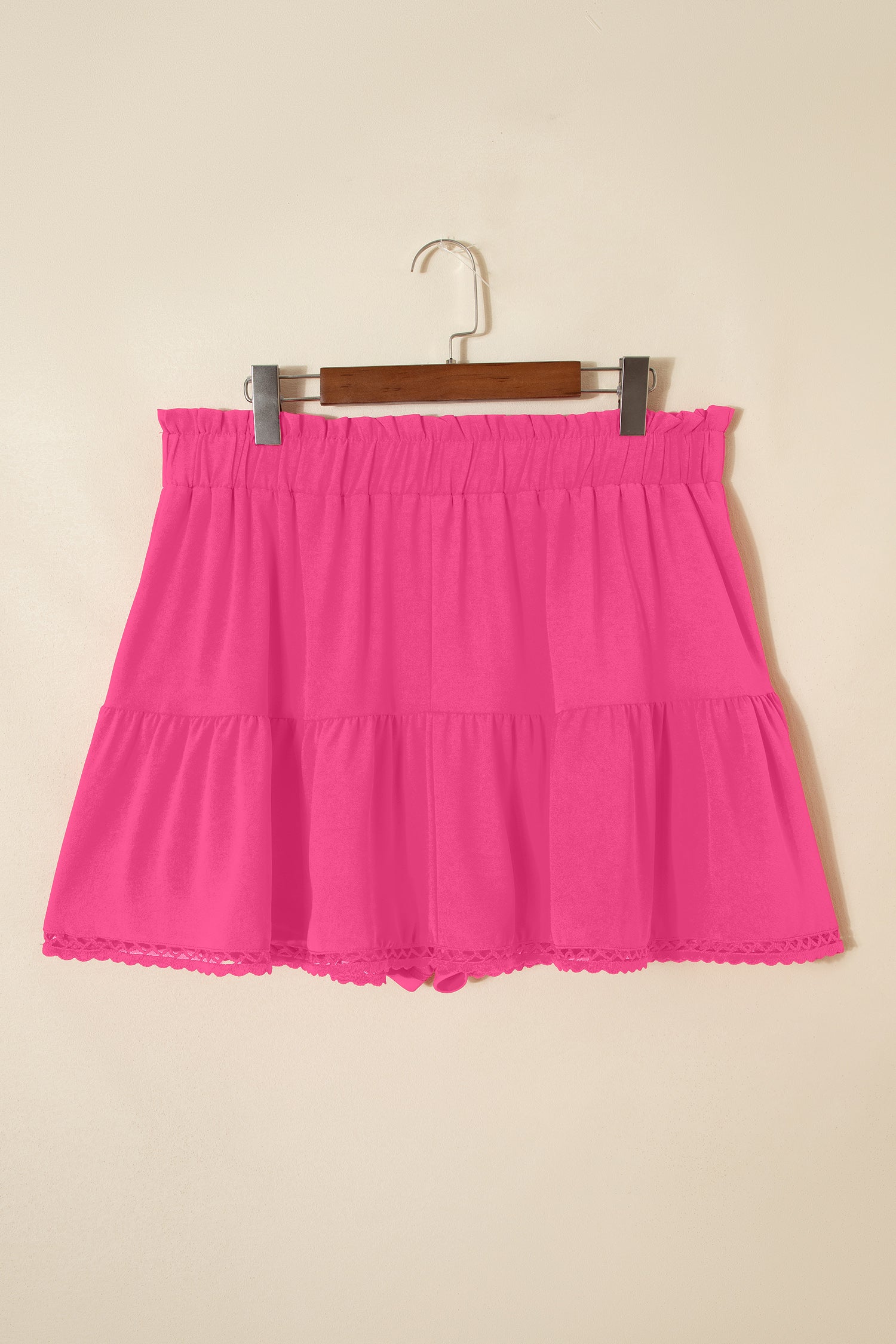 Rose Red Plus Size Frilled Elastic Waist Lace Trim Boho Ruffled Shorts