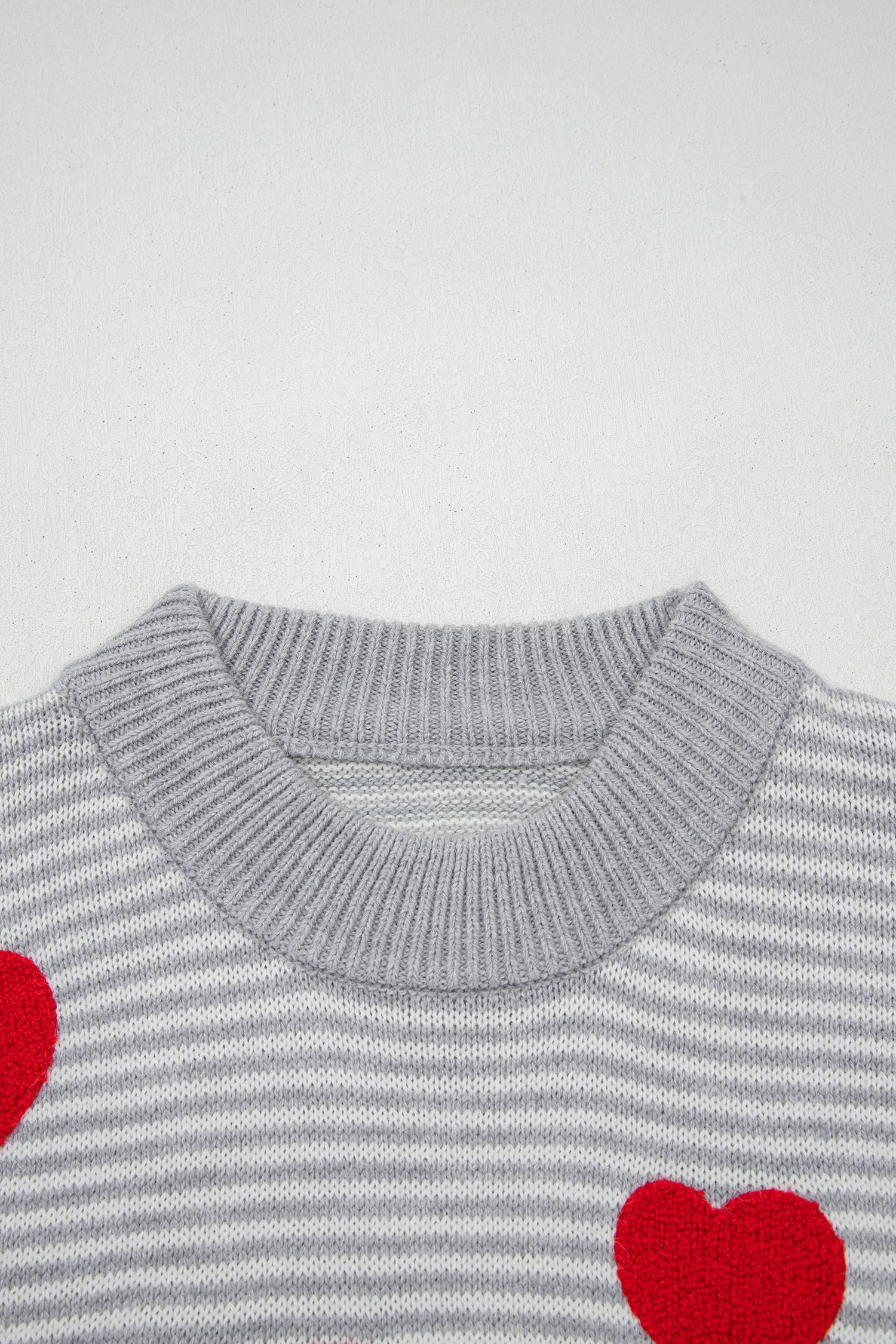 Gray Stripe Contrast Heart Pattern Valentine Knit Sweater