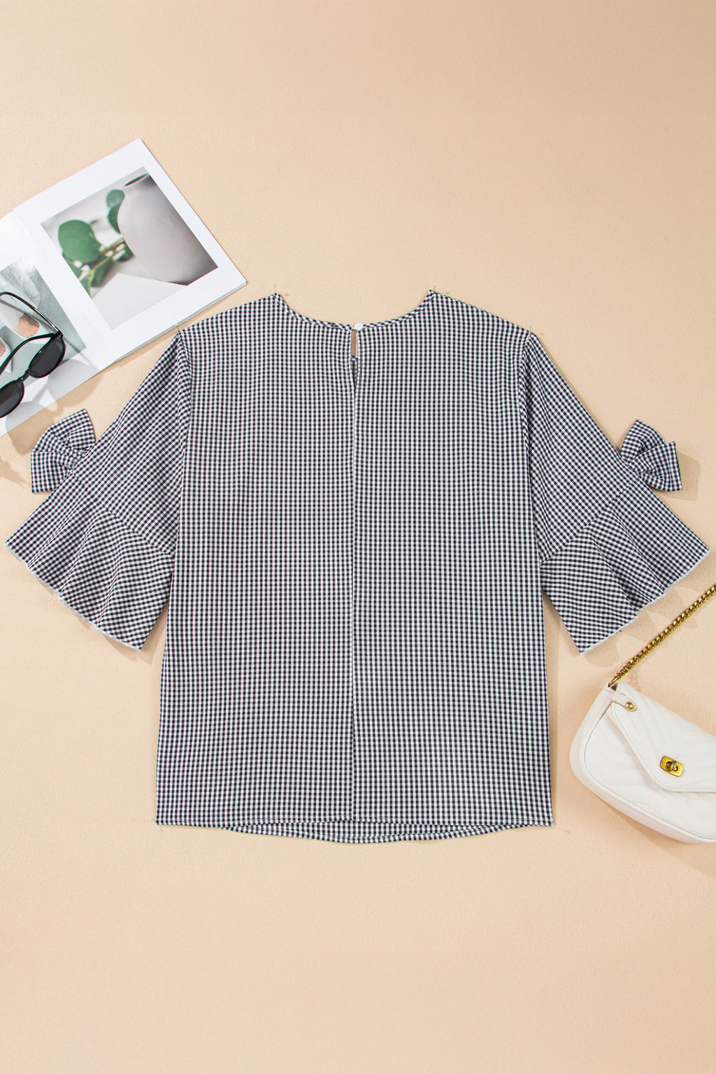 Black Plus Size Plaid Bow Decor Bell Sleeve Round Neck Jumper