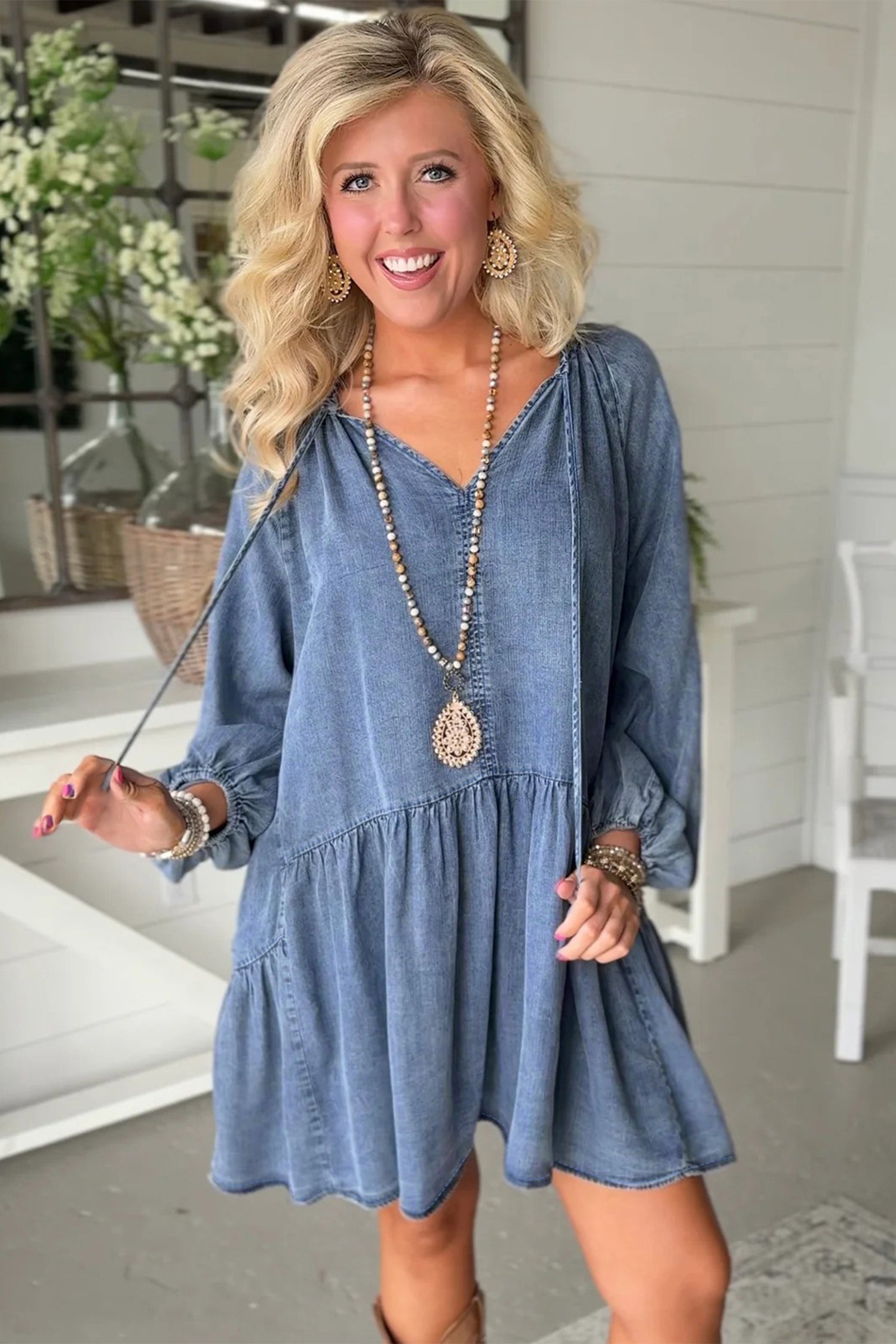 Myosotis Puff Sleeve V Neck Ruffled Loose Denim Mini Dress