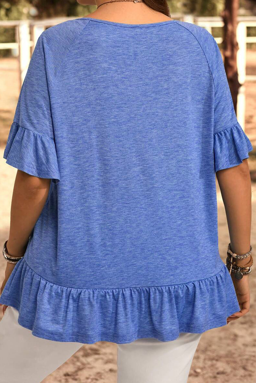 Dusk Blue Ruffled Short Sleeve Plus Size Casual Blouse
