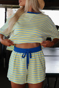 Yellow Stripe Drop Shoulder Boxy Casual Terry Short Set