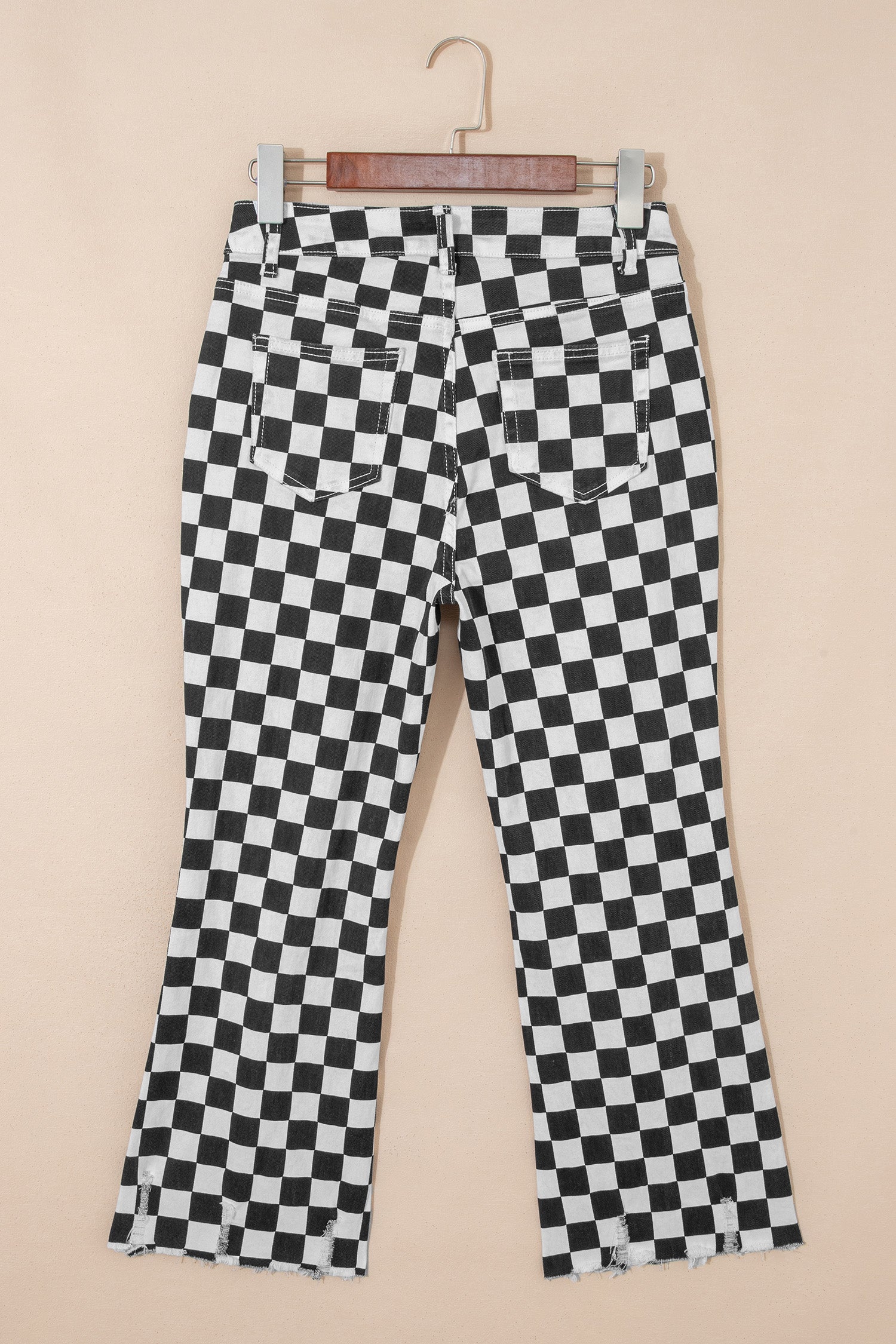 Black Checkerboard Print Distressed Holes Raw Edge Cropped Jeans