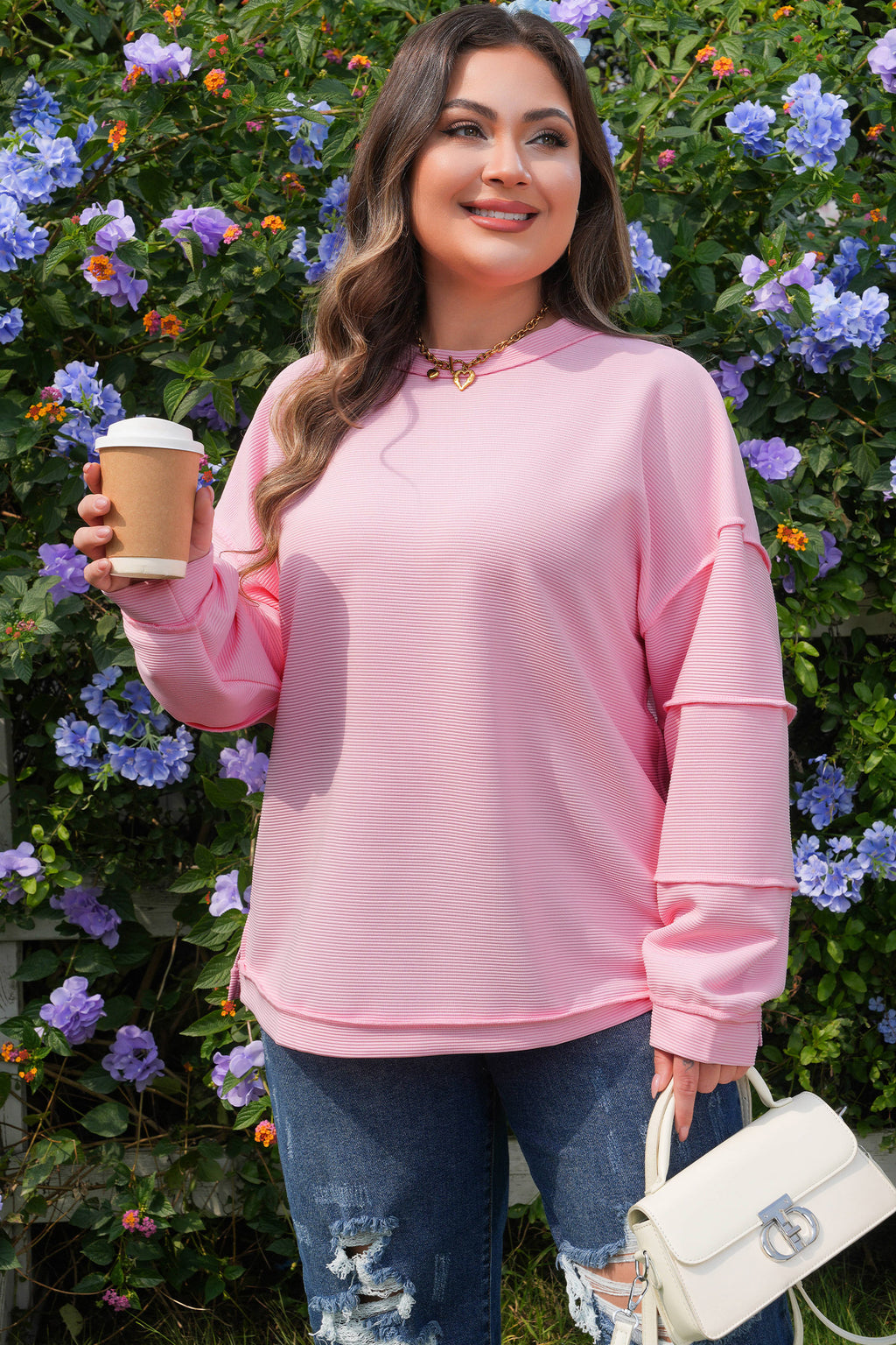 Pink Drop Shoulder Long Sleeve Plus Size Ribbed Top