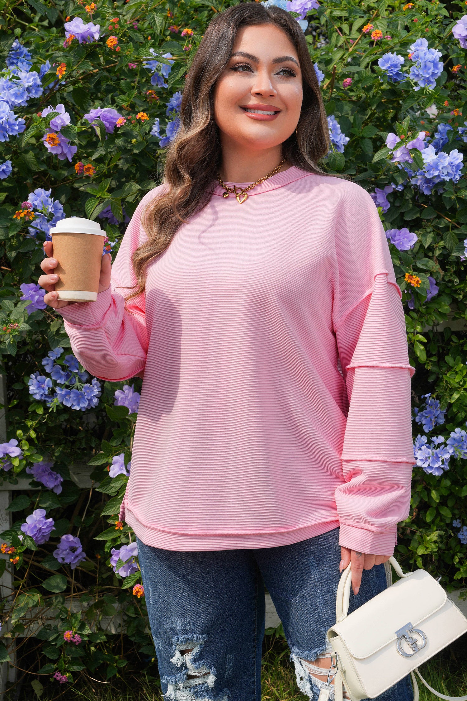 Pink Drop Shoulder Long Sleeve Plus Size Ribbed Top