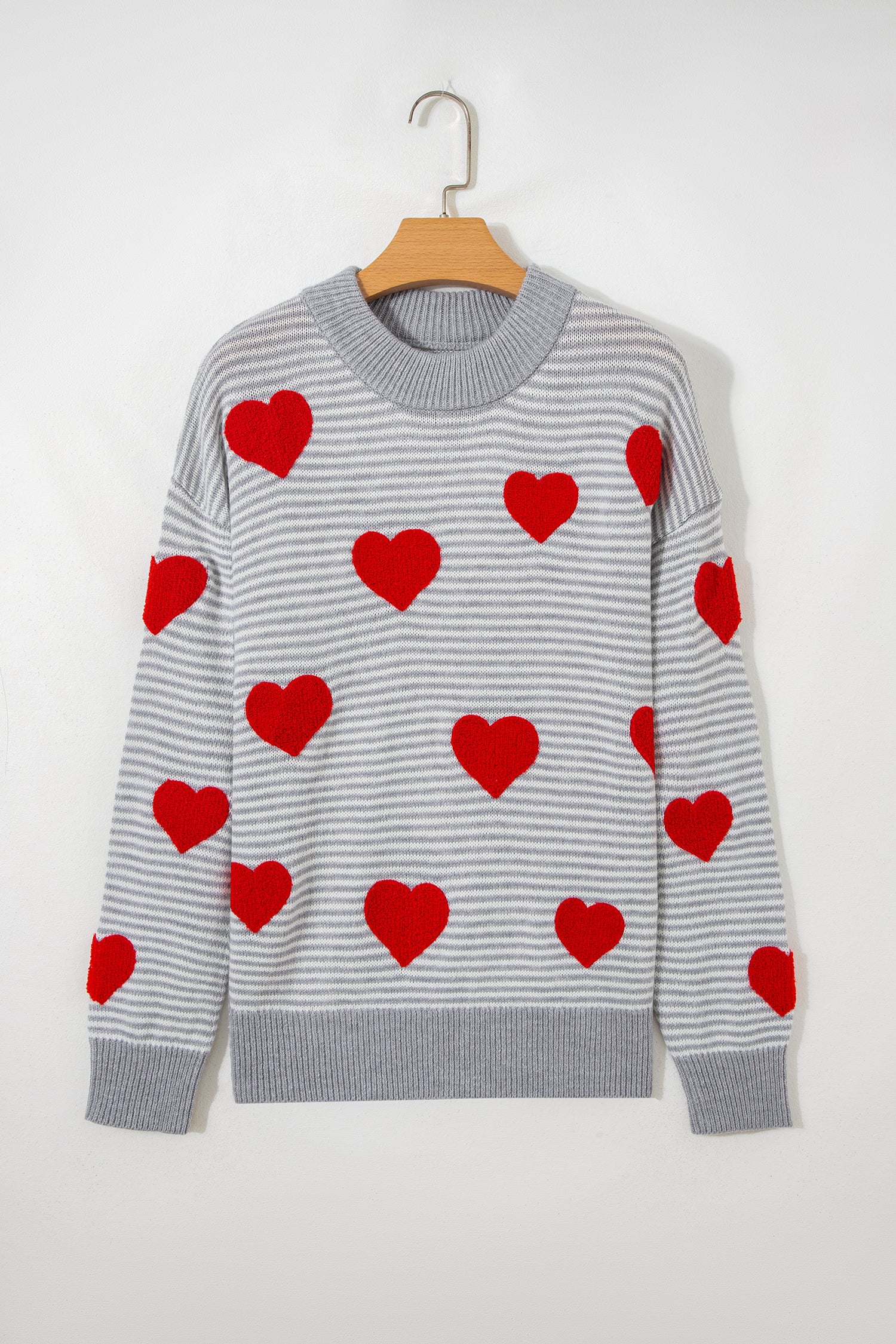 Gray Stripe Contrast Heart Pattern Valentine Knit Sweater