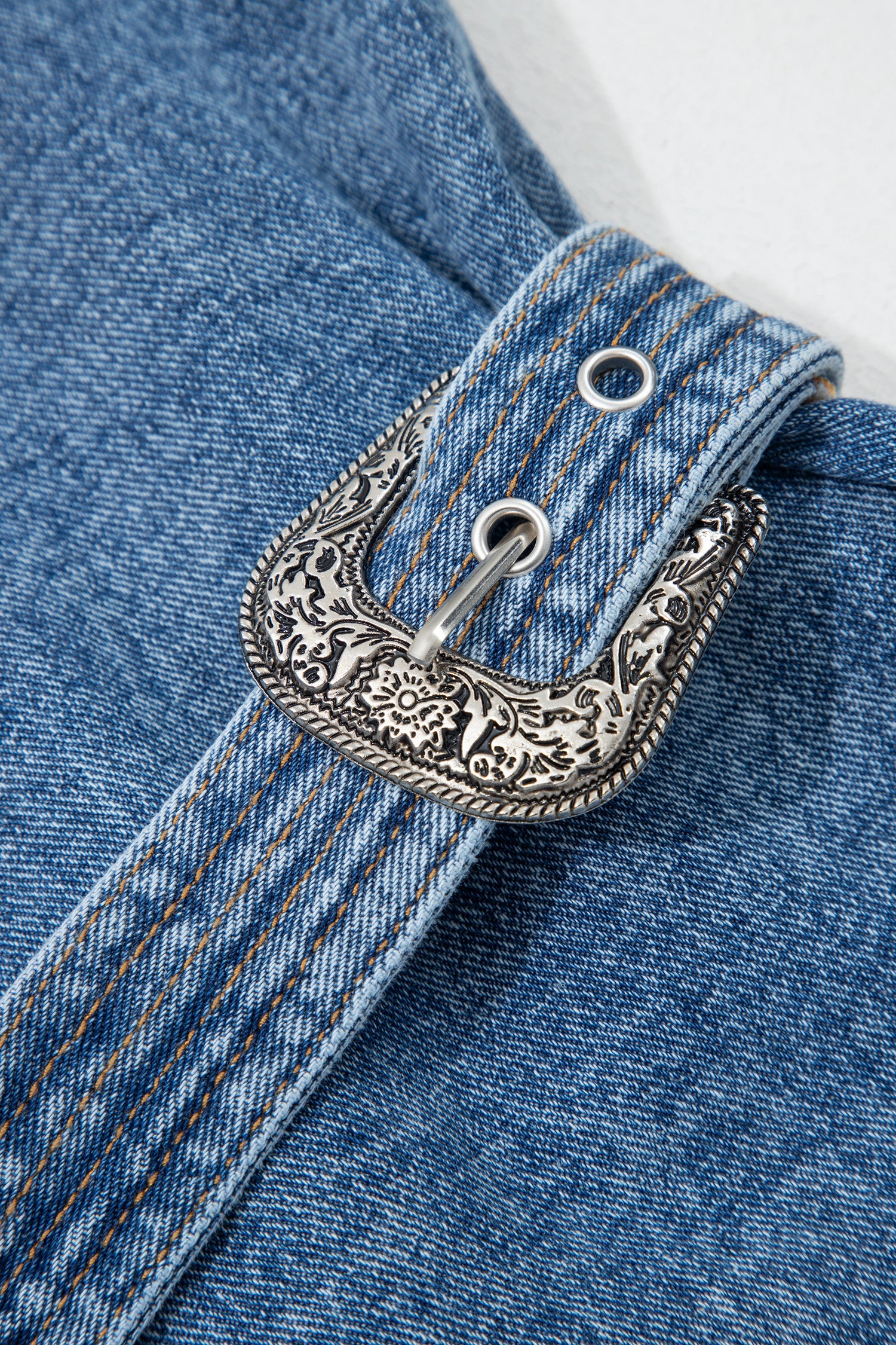 Myosotis Western Belt Button Down Sleeveless Denim Short Dress