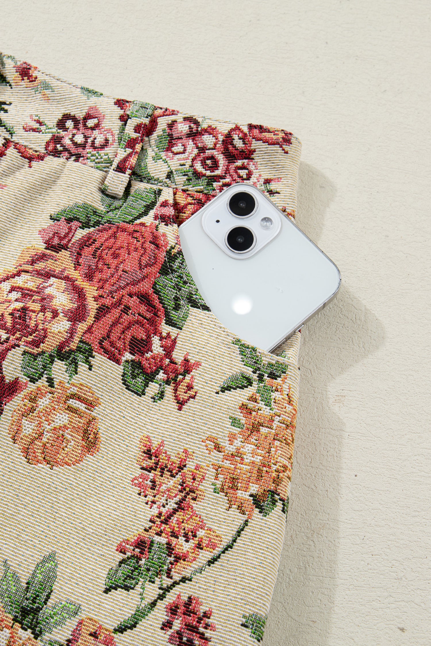 Apricot Buttoned Front Scalloped Trim Mini Jacquard Floral Skirt