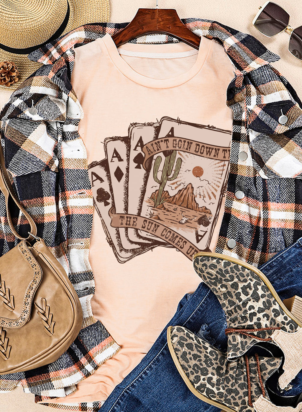 Khaki Western Poker Cards Graphic T Shirt