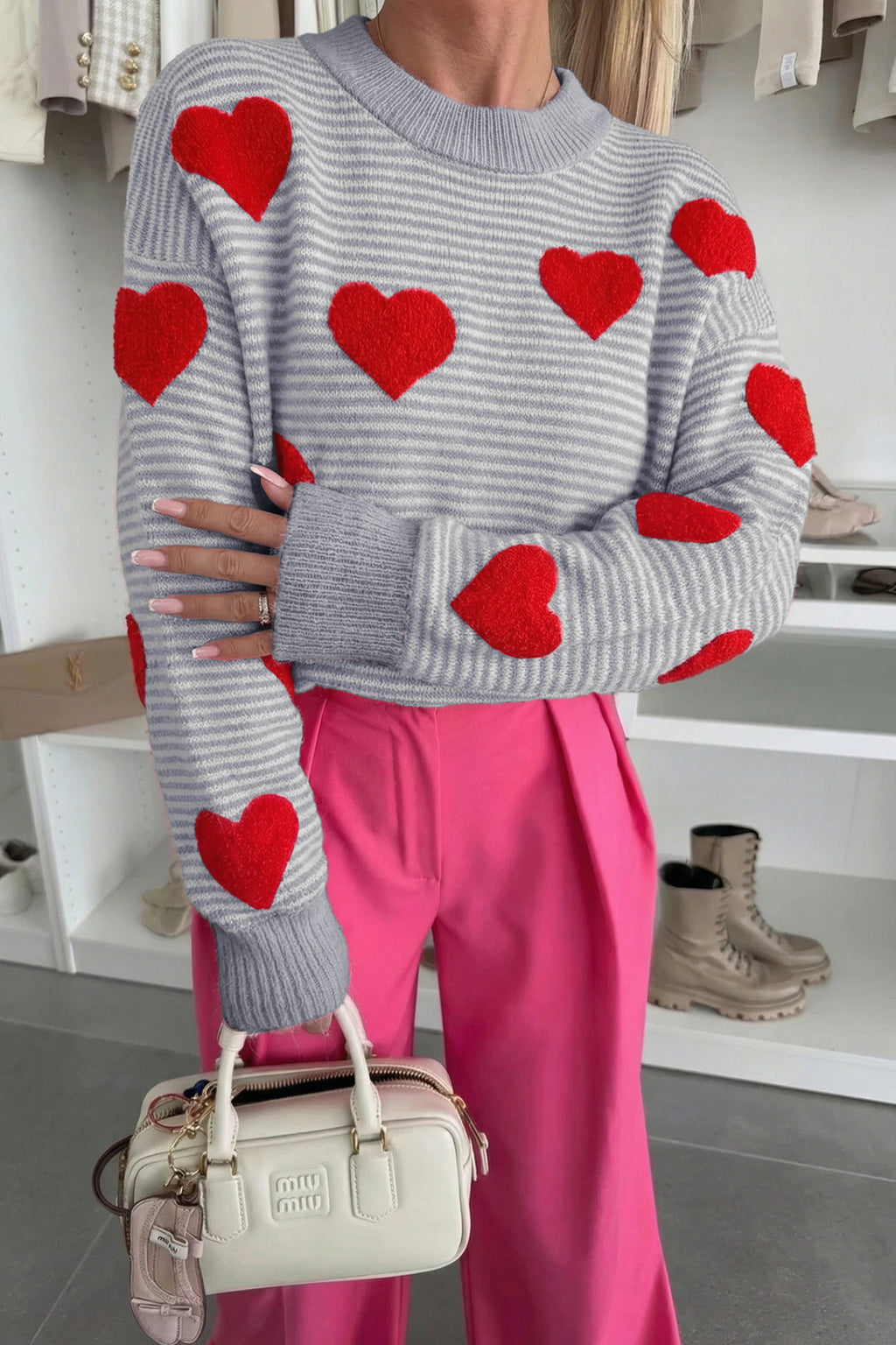 Gray Stripe Contrast Heart Pattern Valentine Knit Sweater