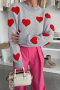 Gray Stripe Contrast Heart Pattern Valentine Knit Sweater