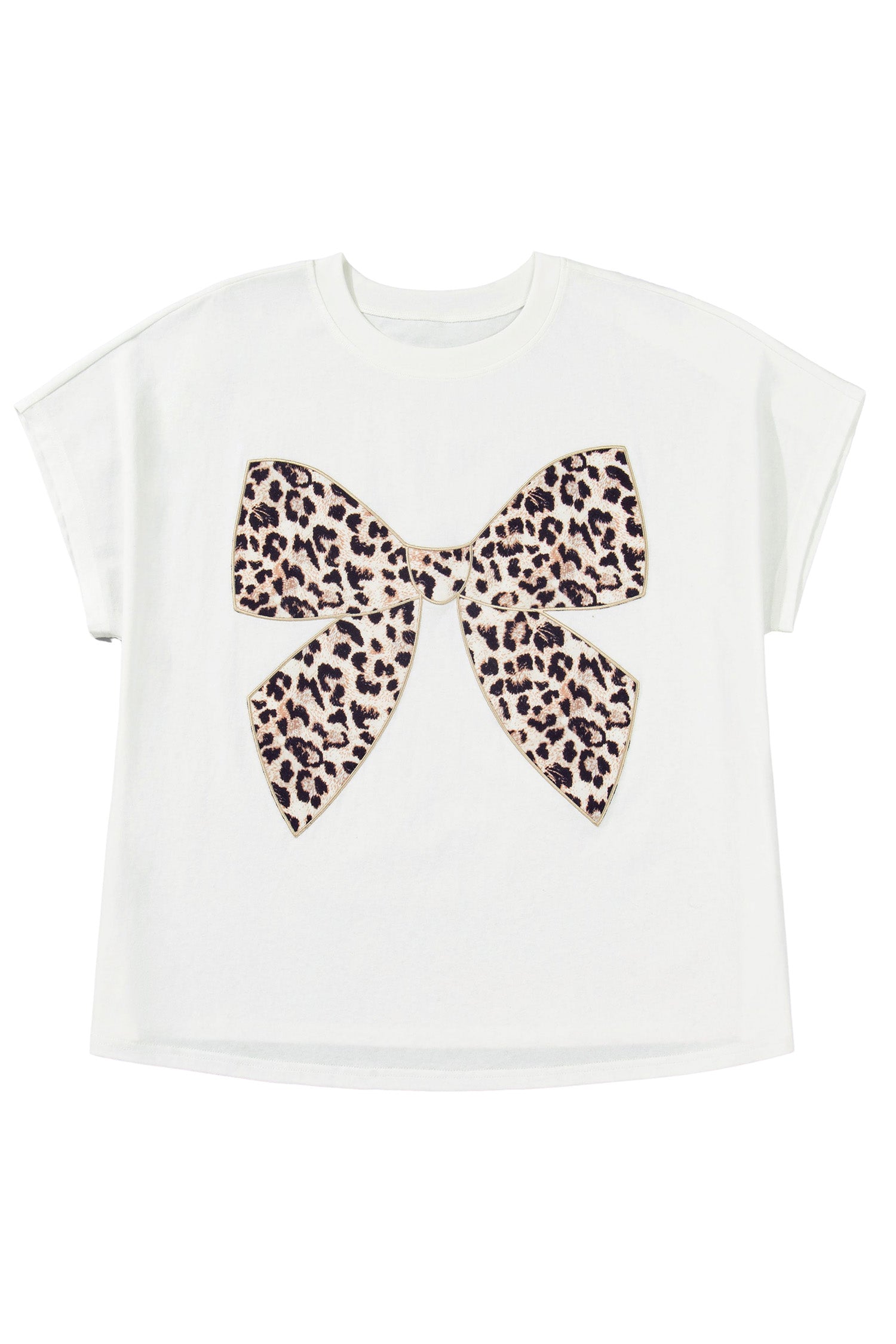 White Plus Size Leopard Bow Embroidered Patch Casual T Shirt