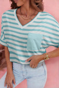 Sky Blue Stripe V Neck Patched Pocket Casual T Shirt