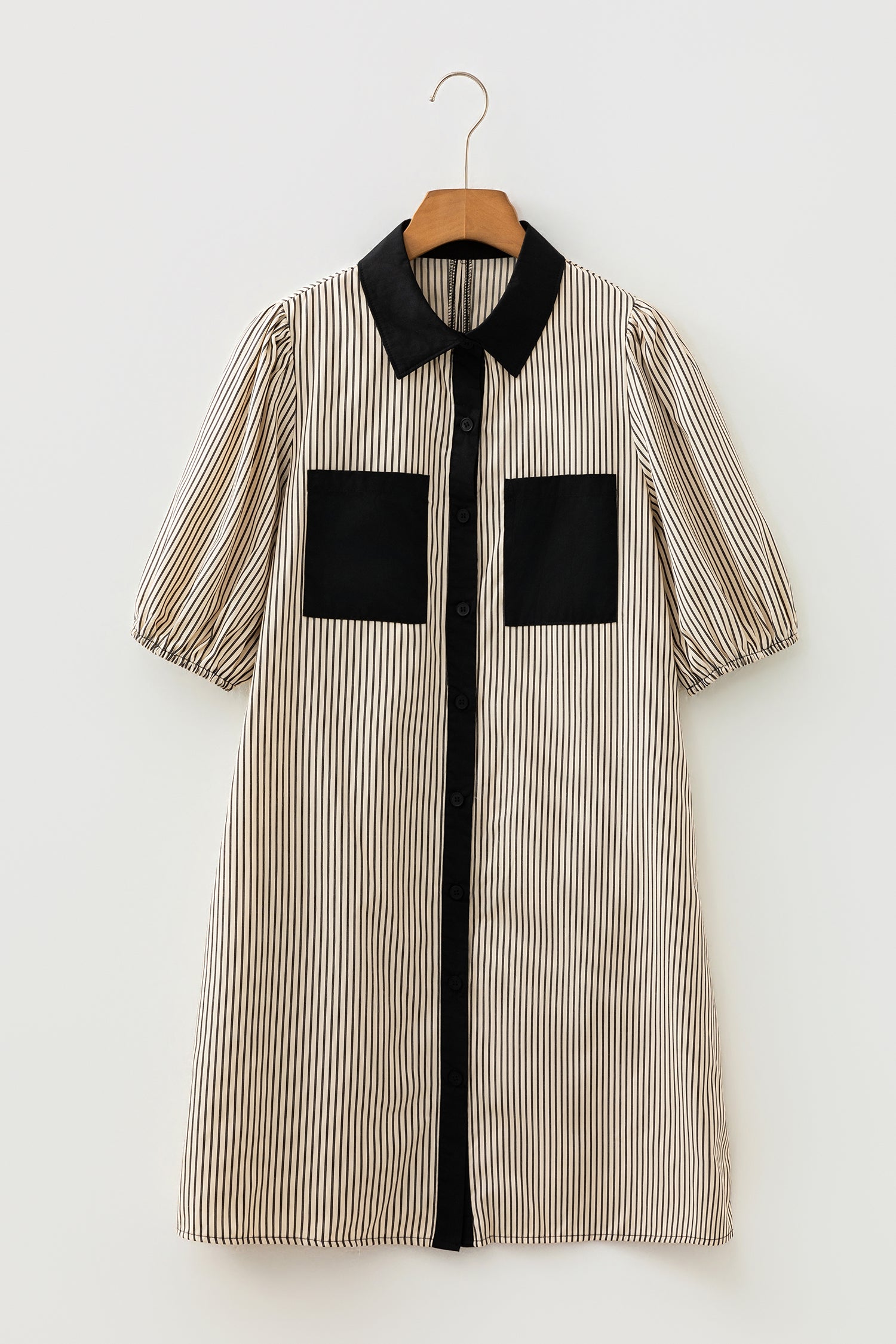 Black Stripe Color Block Patchwork Shirt Collar Button Down Puff Sleeve Mini Dress