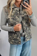 Green Camouflage Print Button Cargo Pocket Button Down Denim Vest