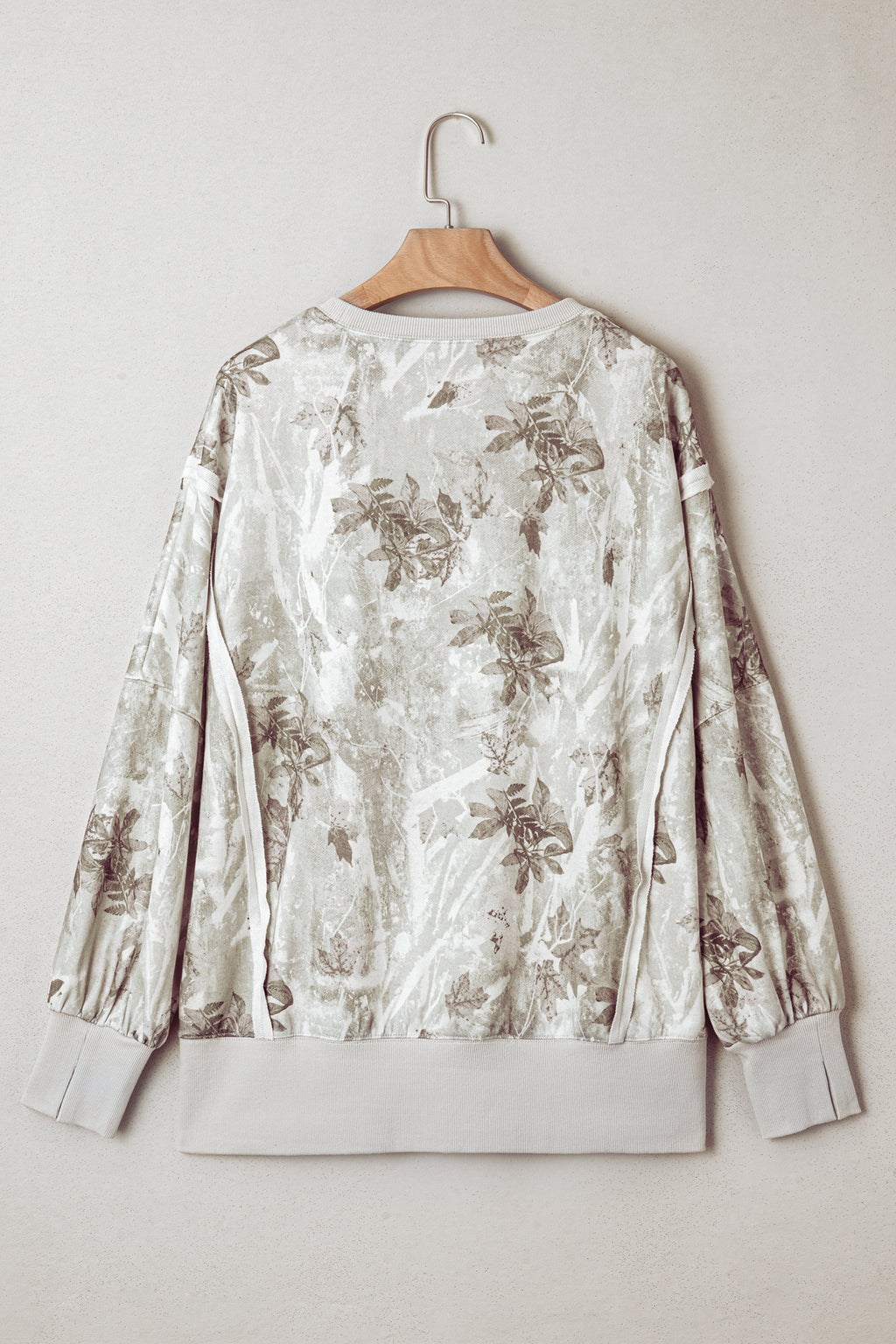 Gray Leafy Camo Print Exposed Seam Patchwork Baggy Slit Sweatshirt