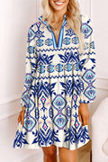 Blue Ethnic Print Striped Split Neck Long Sleeve Flowy Mini Dress