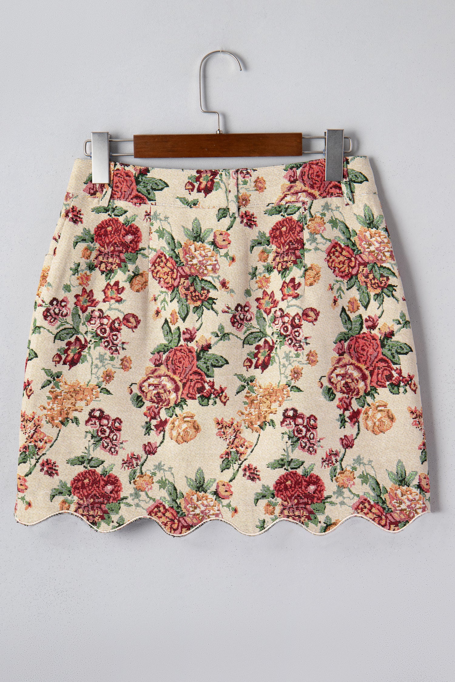 Apricot Buttoned Front Scalloped Trim Mini Jacquard Floral Skirt