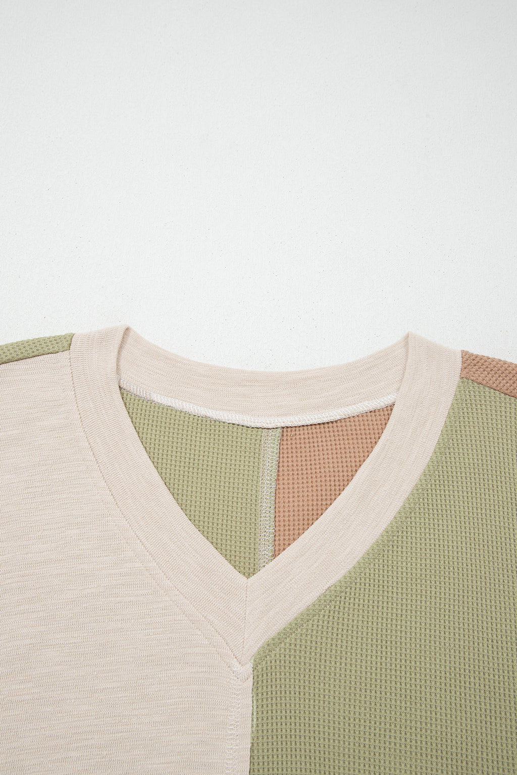 Green Plus Mixed Texture Color Block Patchwork V Neck Long Sleeve Top