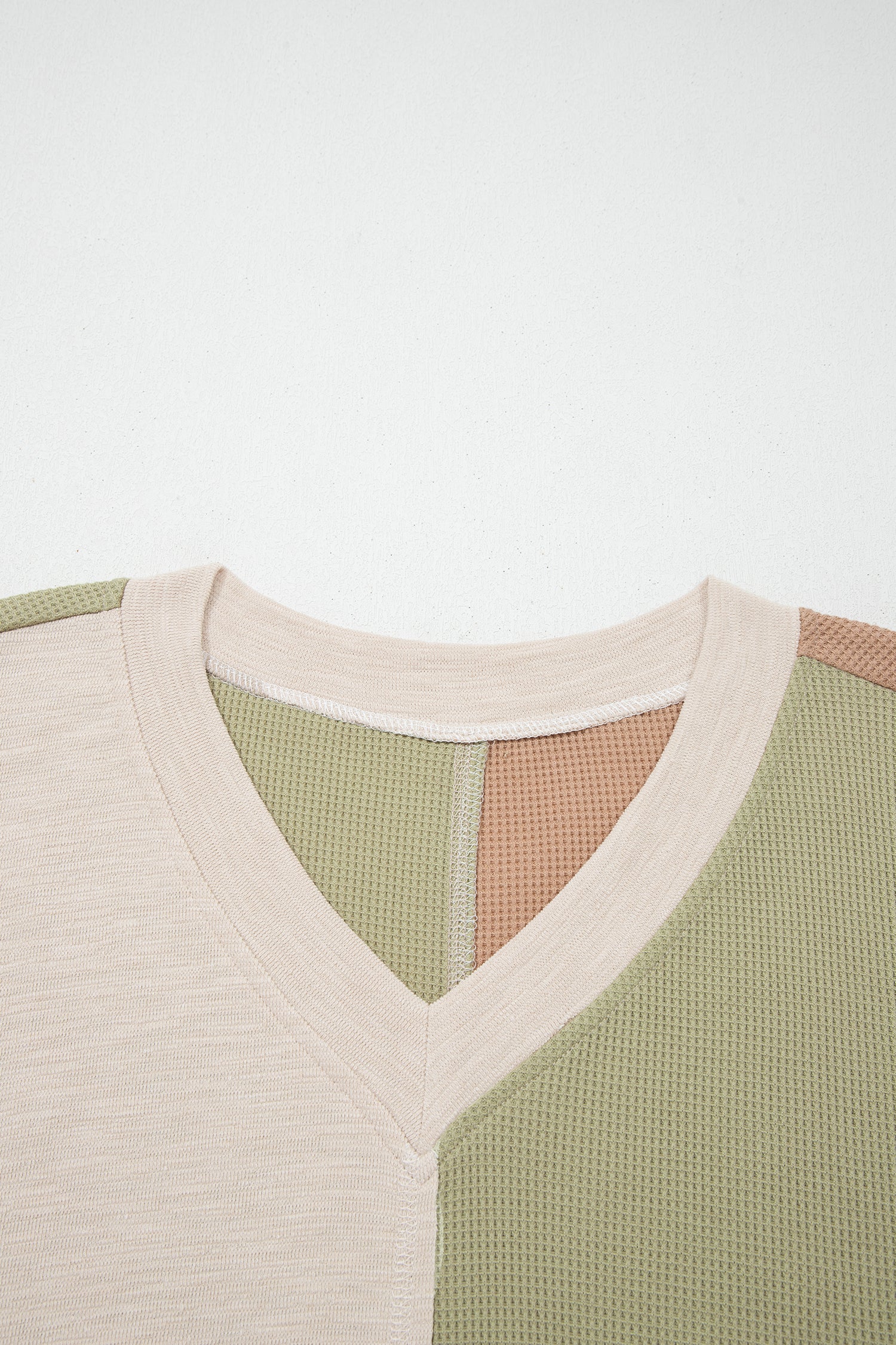 Green Plus Mixed Texture Color Block Patchwork V Neck Long Sleeve Top