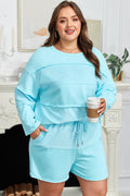 Aruba Blue Plus Size Solid Color Splicing Raw Hem Pullover Top Shorts Set