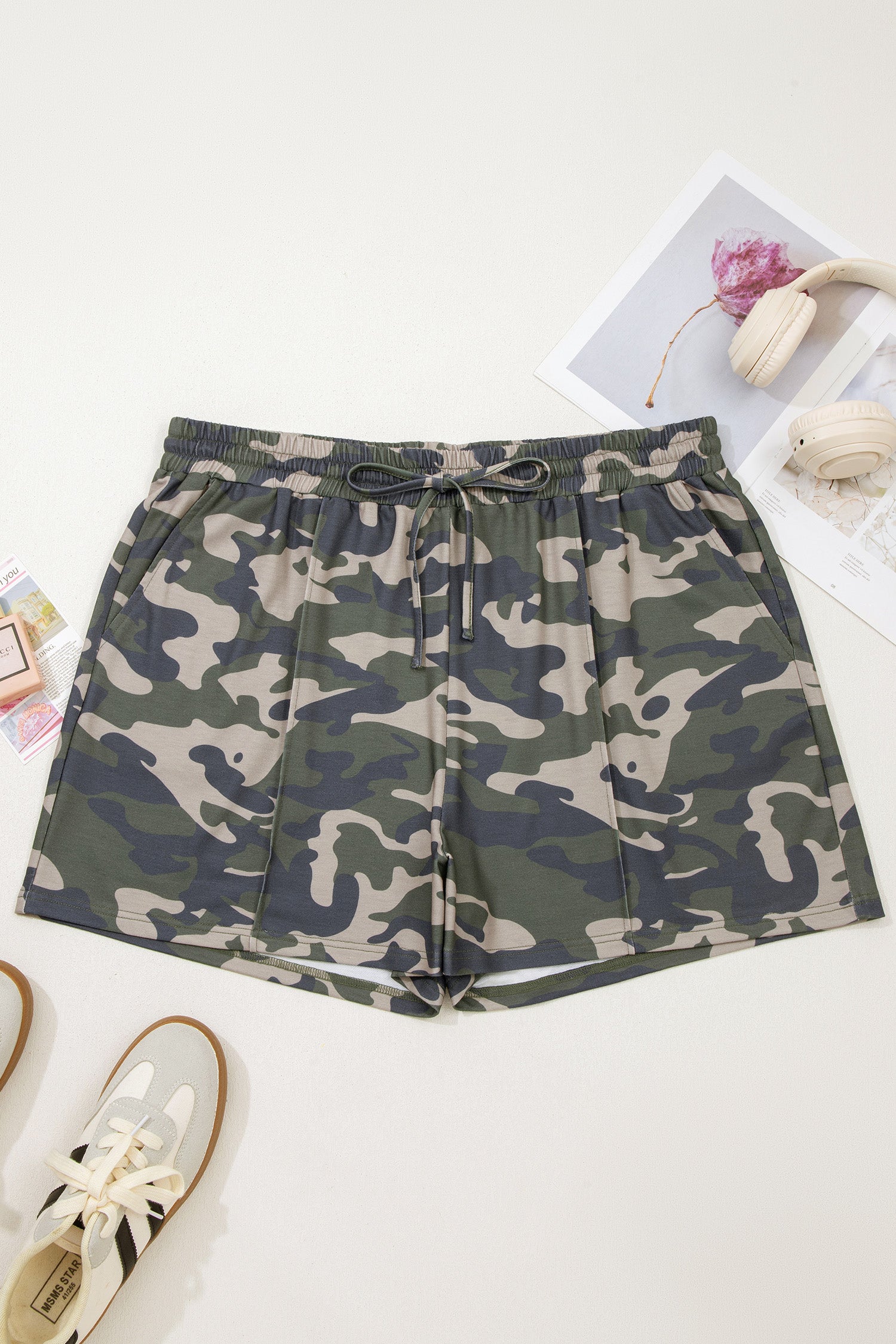 Green Tie Elastic Waist Pocketed Plus Size Camo Shorts