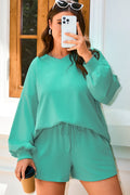 Sea Green Drop Shoulder V Neck Pullover Top and Drawstring Short Plus Size Set