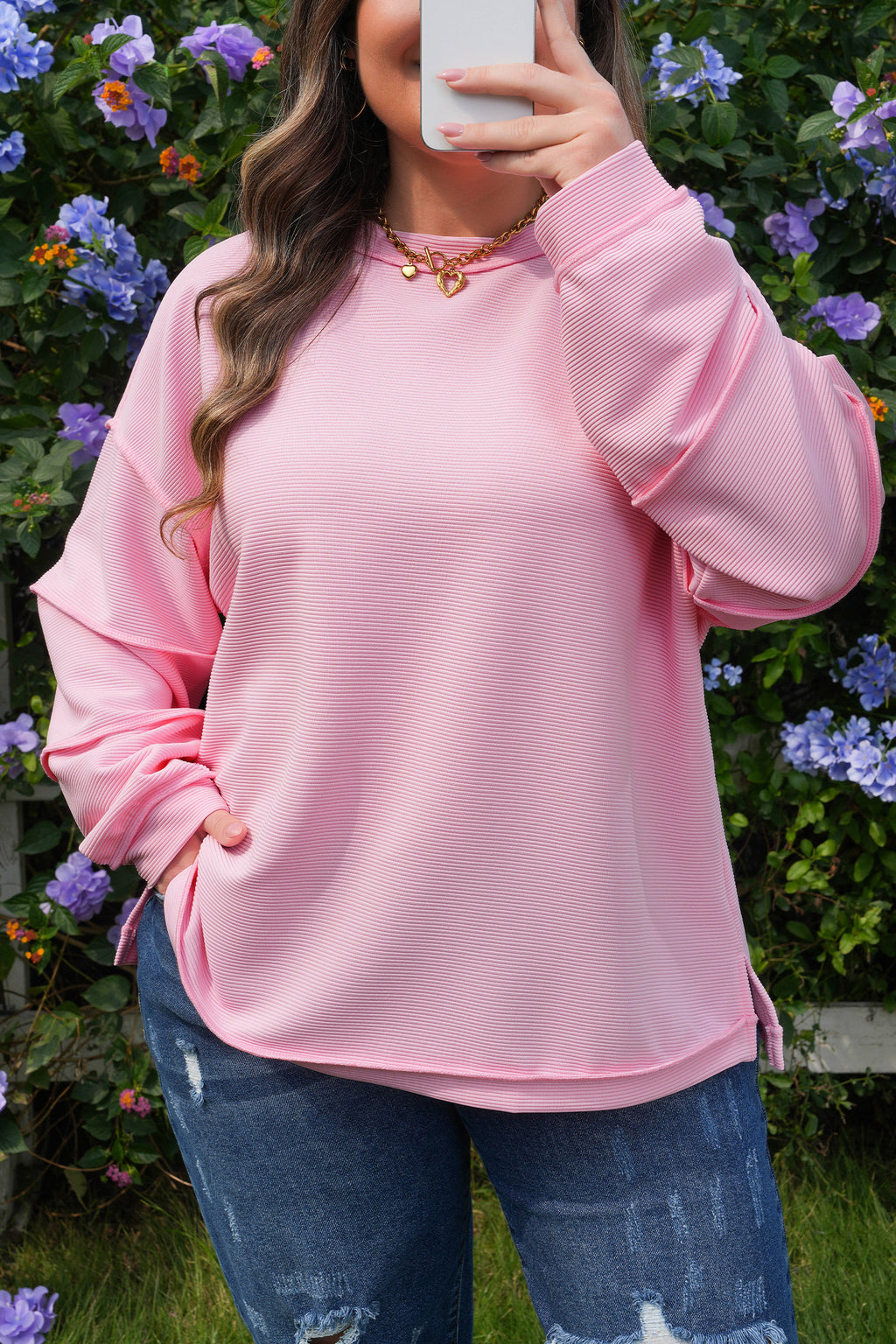 Pink Drop Shoulder Long Sleeve Plus Size Ribbed Top